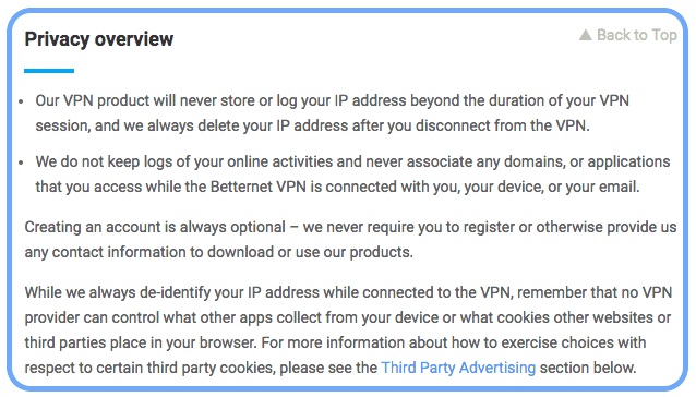 betternet privacy policy