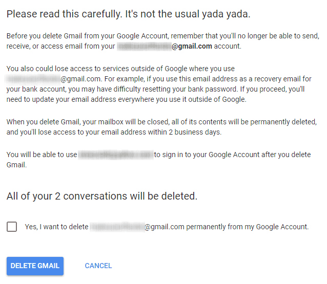 goole delete gmail confirmation