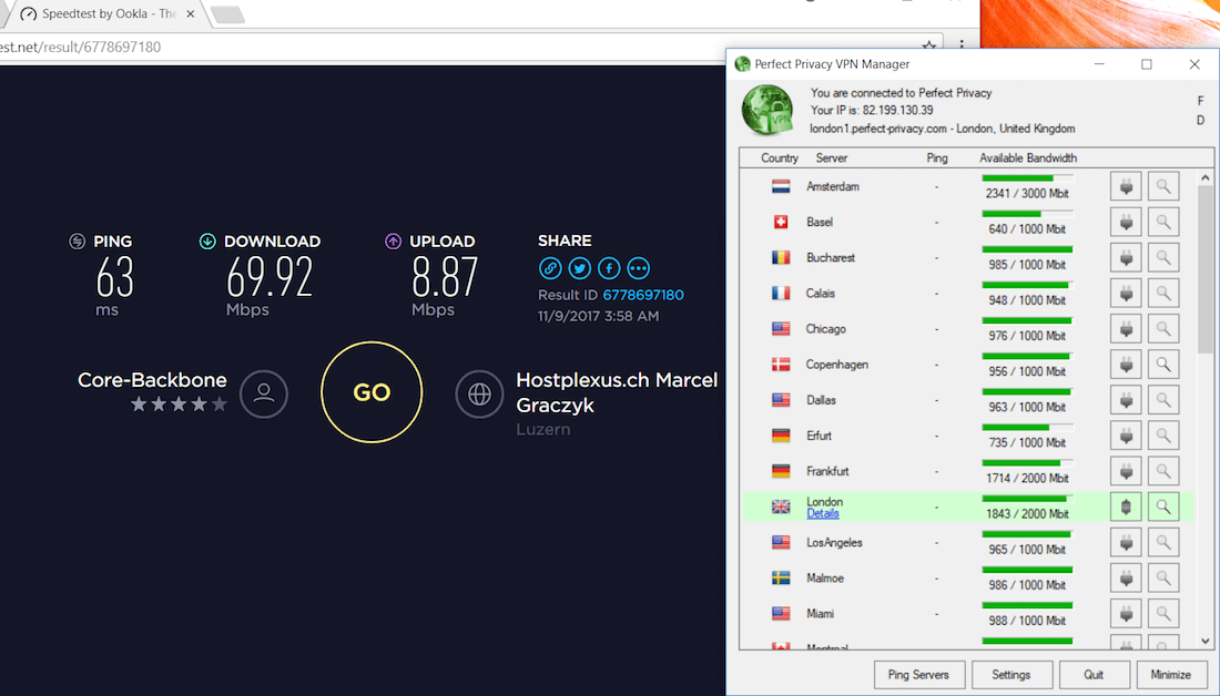 Perfect privacy speed test London